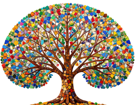 Bright Abstract Tree Painting with Colorful Mosaic Tiles  Transparent Background PNG