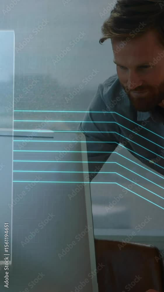 Poster smiling man working on computer with email icon and data lines animation
