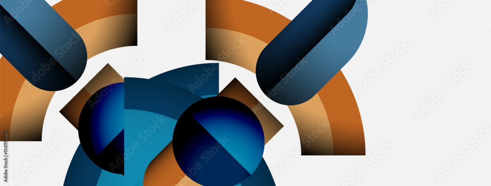 Poster Abstract geometric composition. Shapes overlap, creating dynamic visual effect. Colors include blue, orange, white. Modern design.