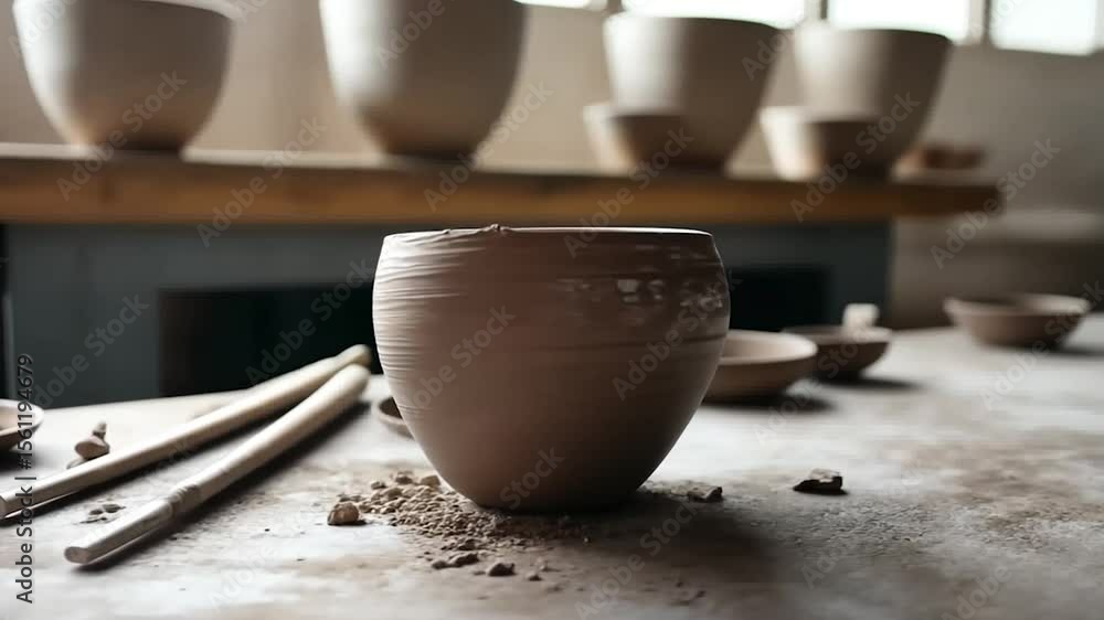 Poster close-up of a clay pot in a pottery workshop with wooden tools and other pottery pieces on a table. 