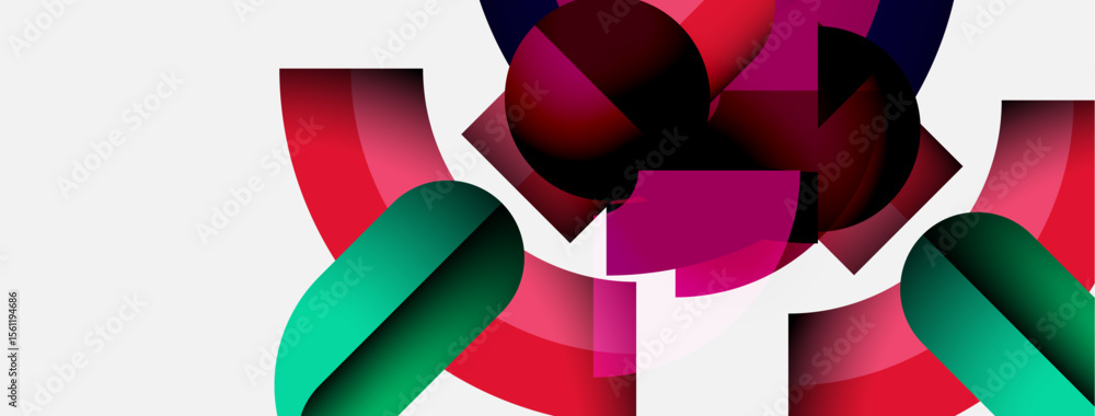 Poster abstract shapes overlap, creating vibrant color blends. red, teal, magenta dominate white background