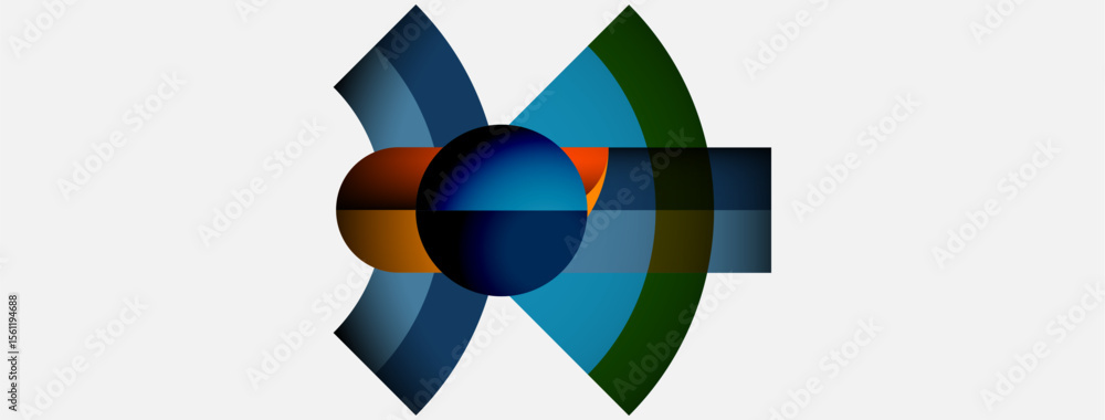 Poster Abstract graphic design features circular shapes, vibrant colors, overlapping elements. Modern composition evokes dynamic energy, visual interest.