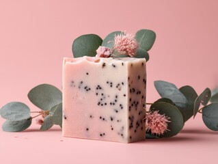 Natural Soap Bar with Eucalyptus on Pink Background and Green Leaves