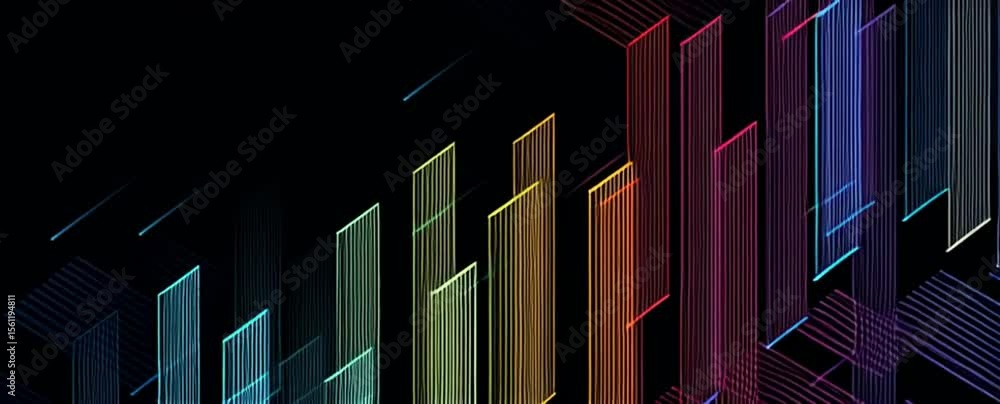Poster banner with colorful gradient lines and geometric pattern background, on a dark black color, in a li