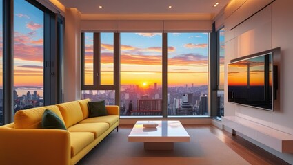Naklejka premium Modern living room with panoramic city sunrise views.