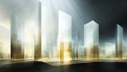 Cityscape of futuristic glass towers bathed in golden light.