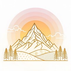 "Vintage-style line art of a mountain landscape with a lake, pine trees, stars, and crescent moon in a circular frame."

