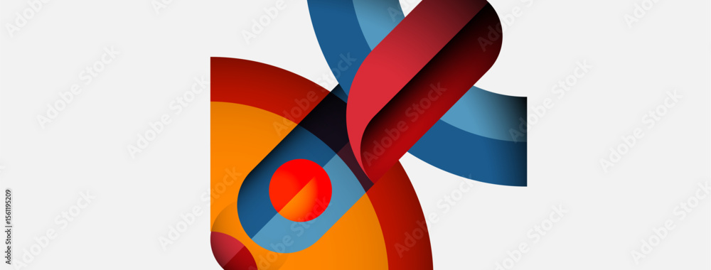 Poster Abstract design features colorful ribbons, circles. Shapes overlap creating dynamic visual impact. Modern aesthetic, simple background.