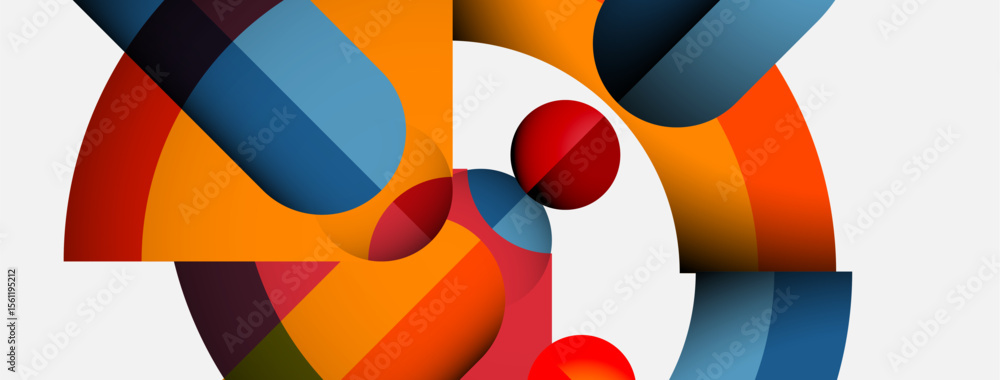 Poster abstract composition featuring overlapping curved shapes. orange, blue, red hues dominate design. mi