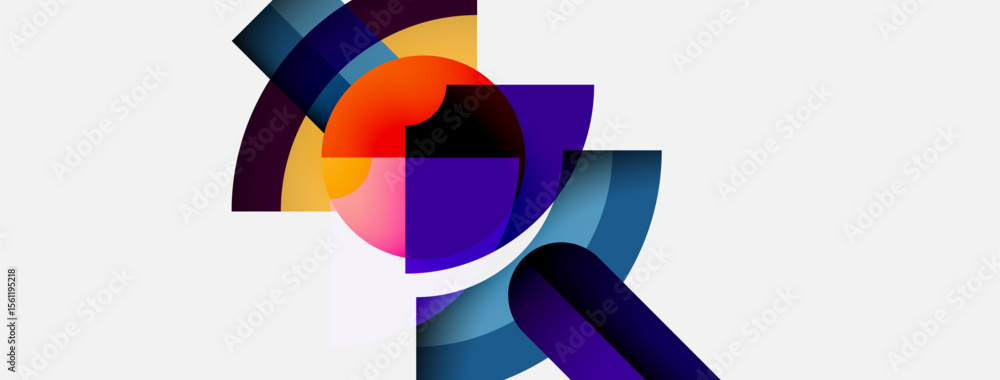 Poster Abstract composition featuring overlapping colorful arcs. Shapes blend, creating dynamic visual effect. Modern design, vibrant hues dominate white background.