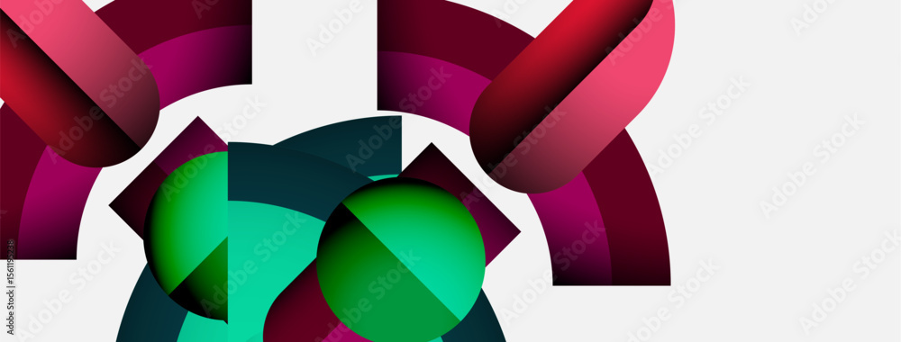 Poster abstract shapes, vibrant colors, geometric forms create dynamic composition. red, green hues dominat