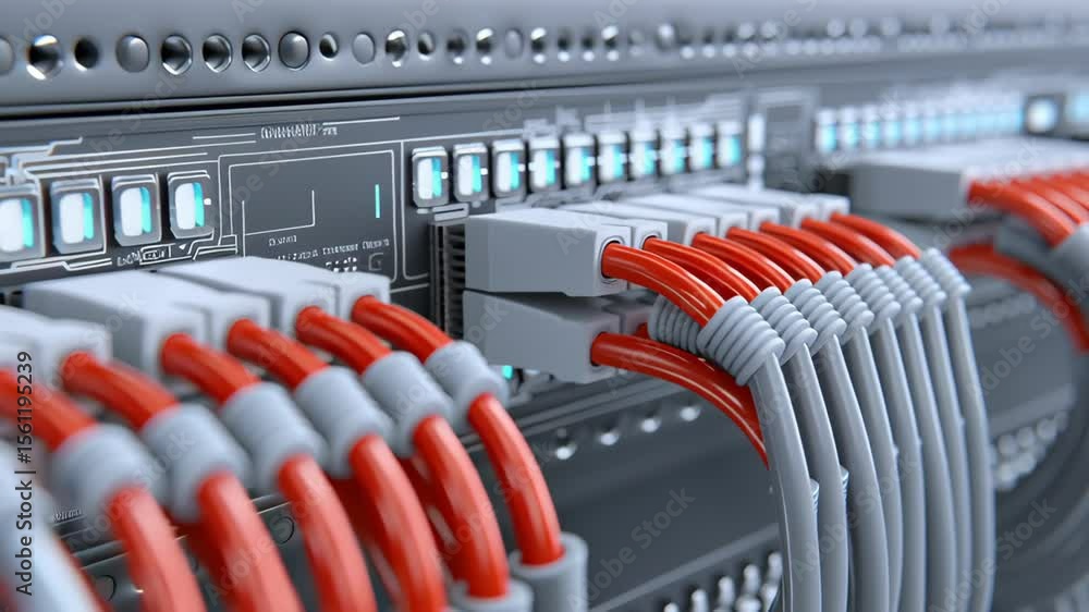 Poster quantum ai research laboratory concept, data cables connected in a server rack with a modern design.
