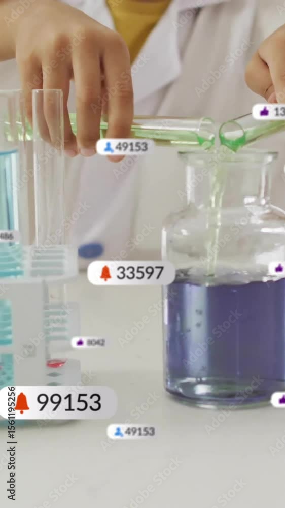 Poster pouring liquid into beaker, scientist with data processing animation over laboratory scene