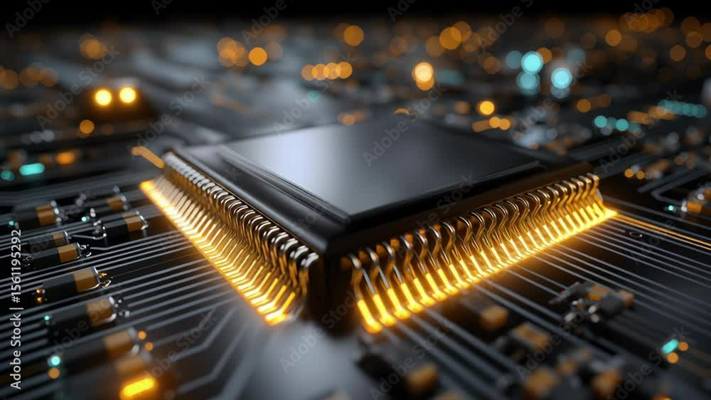 Poster quantum ai research laboratory concept, close-up of a circuit board with a glowing microchip.