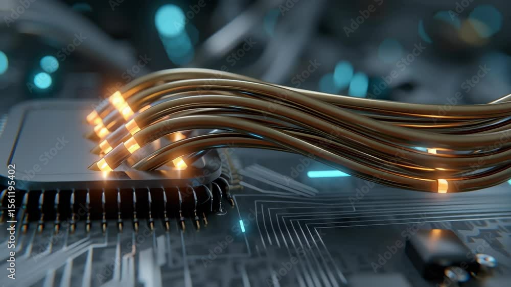 Poster quantum ai research laboratory concept, microchip with glowing wires connecting to a circuit board.