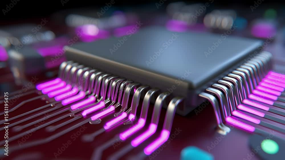 Poster quantum ai research laboratory concept, close-up of a microchip on a circuit board with neon accents