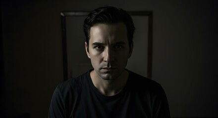 Fototapeta premium Intense Portrait of a Man in Dark Lighting Expressive Eyes and Shadow Play Creating a Moody Atmosphere, Perfect for Thriller Movie Posters