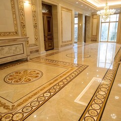 "Luxurious marble-floored hallway with intricate golden inlays, chandeliers, and ornate classical design."

