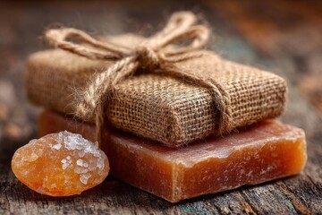 Natural Soap Bar Gift Wrapped in Burlap Tying for Rustic Presentation