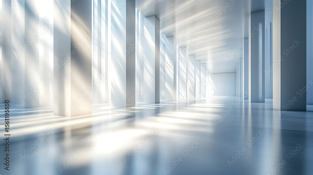 Poster light streaks through a modern minimalist architecture hallway with clean white columns casting long