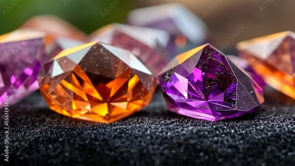 Poster vibrant gems in shades of orange and purple sparkle against a dark textured background with dynamic 