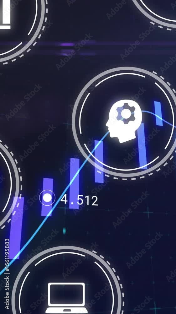 Poster financial data processing animation over various business icons and graphs