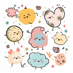 Whimsical Cartoon Characters Smiling and Dancing in a Playful Illustration