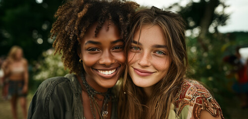 Fototapeta premium Two women smiling at the camera. One is wearing a green shirt. The other is wearing a brown shirt