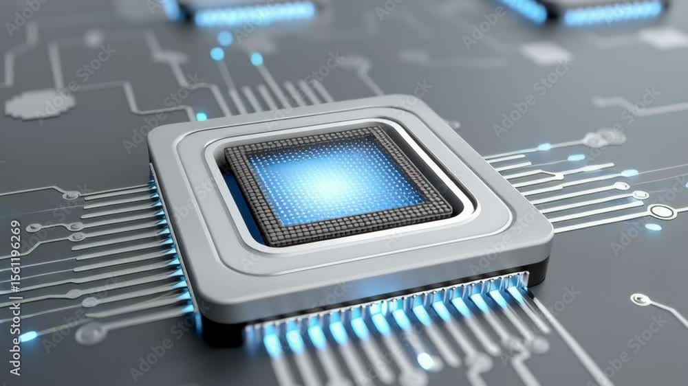 Aufkleber quantum ai research laboratory concept, futuristic microchip on a circuit board with glowing element