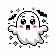 Kawaii ghost with stars and bats, cute halloween vector illustration
