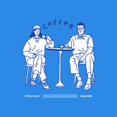 Man and women drinking coffee. Hand drawn style. Illustrations. Logo
