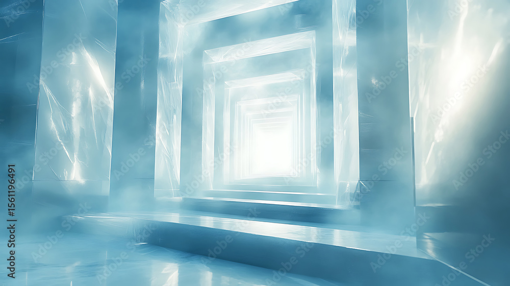 Poster Futuristic ice palace corridor with ethereal light and geometric architecture with mysterious fog,abstract background and scifi theme