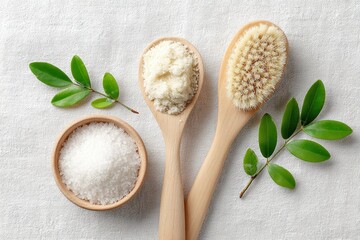 Natural Skincare Set with Wooden Spoon and Green Leaves on Linen