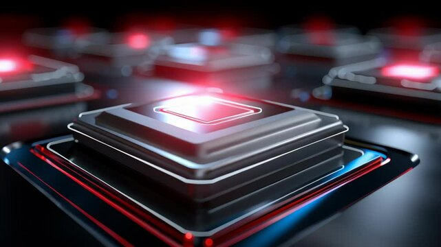 Quantum AI research laboratory concept, Futuristic computer chip with glowing elements on a dark background.