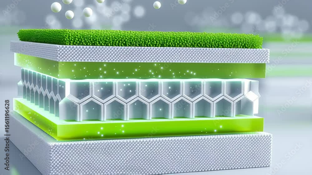 Poster futuristic layer structure with greenery and bubbles for eco-technology.