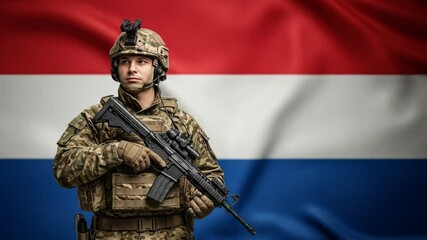 Military soldier in camouflage gear standing with rifle in front of waving Netherlands flag - Powered by Adobe