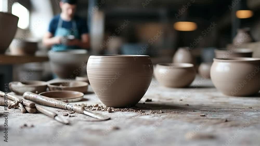 Poster close-up of a pottery vessel with detailed texture sits on a dusty table surrounded by tools and oth