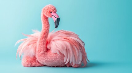 Obraz premium Stunning pink flamingo sitting gracefully against a vibrant turquoise backdrop in a studio setting for artistic animal elegance.