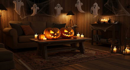 Spooky Halloween Living Room with Jack-o'-lanterns