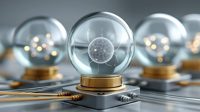Quantum AI research laboratory concept, Crystal spheres with intricate designs and glowing elements.