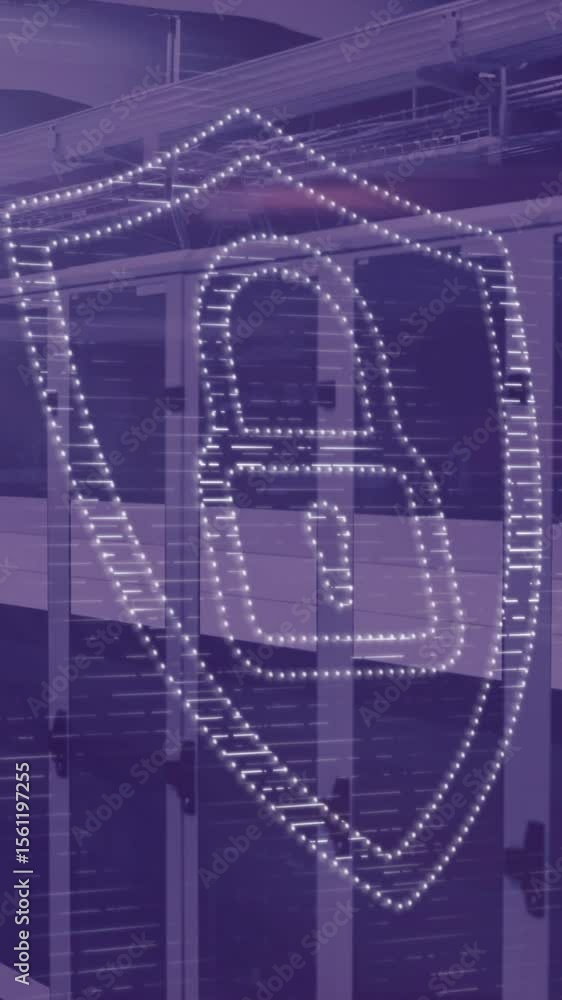 Poster digital lock and shield animation over server racks in data center