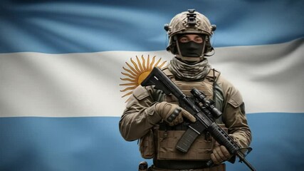 Argentinian soldier in tactical gear holding rifle with national flag background in military setting - Powered by Adobe