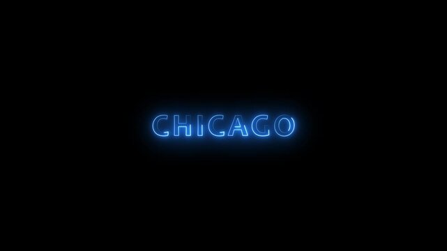 Neon text of city name CHICAGO on Black Background. 4k vedio