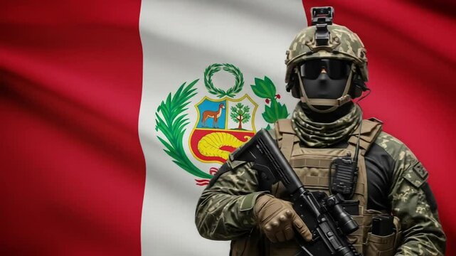 Soldier in modern military gear standing in front of the peruvian flag emphasizing national defense and security