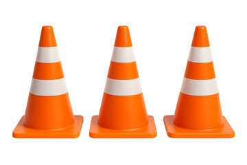 Three Orange Traffic Cones Isolated on Transparent Background