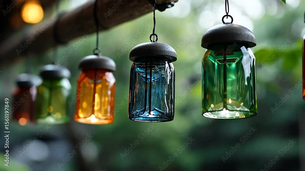 Poster close-up view of colorful lanterns hanging from a tree branch, showcasing various hues of glass with