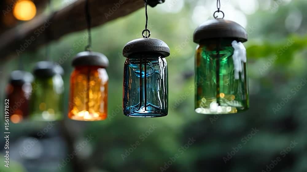 Poster vibrant colorful hanging lanterns illuminating an outdoor scene. features glass jars in various hues