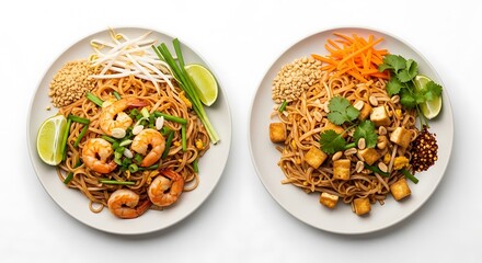 Two plates of Thai Pad Thai noodles with shrimp, peanuts, lime, and fresh herbs on white isolated background