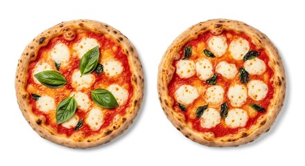 Close-up top view of two authentic Italian Pizza Margherita placed side by side on white isolated background