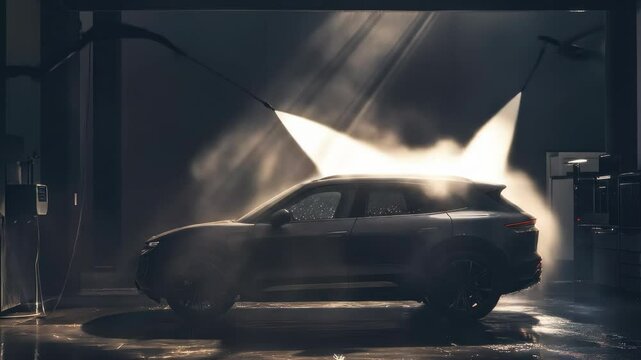 Dark SUV being washed in a high-tech car wash bay